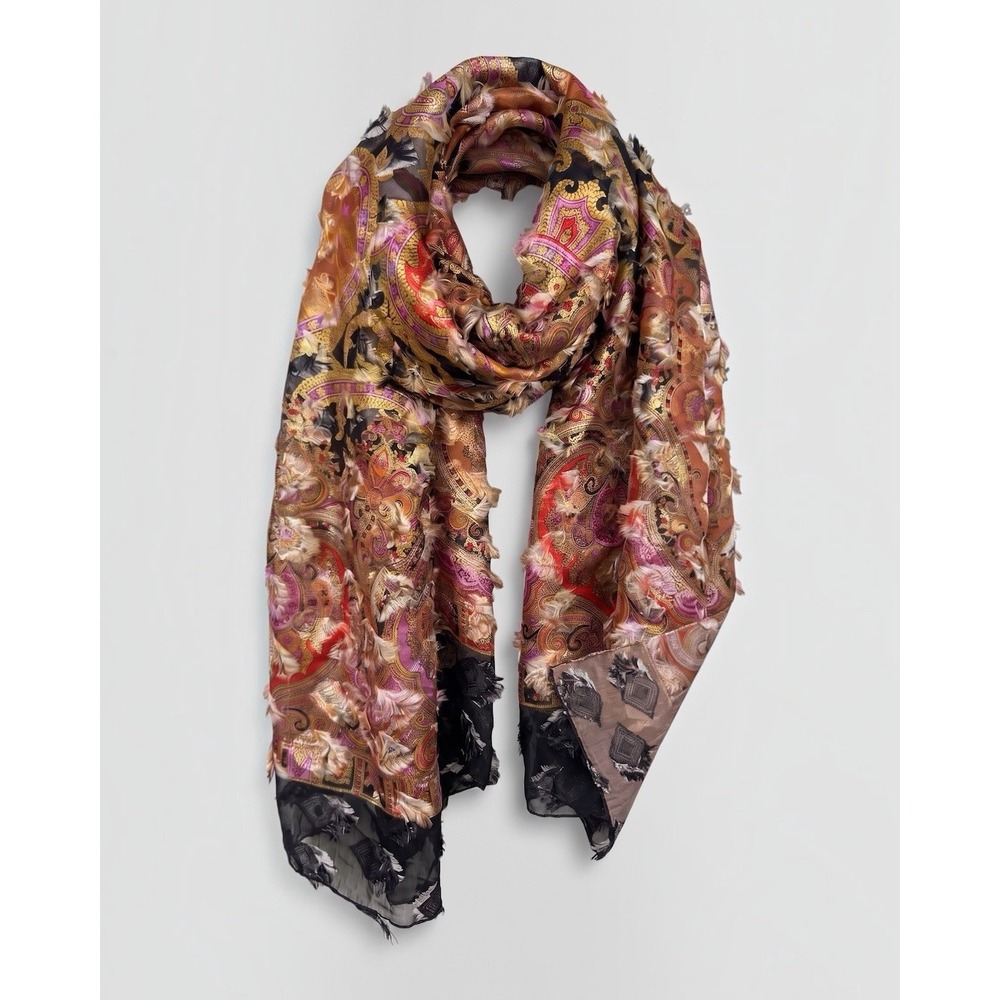 Gianfranco Ferre Vintage Silk Viscose Paisley Scarf Feather Effect Black Gold